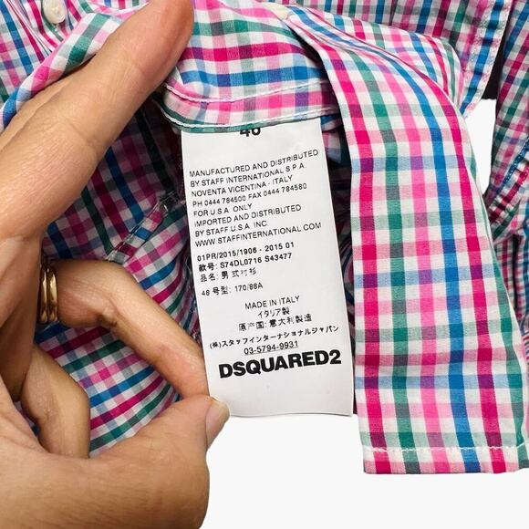 Dsquared2 Button Up Shirt Cotton Plaid Pink Blue Green Men’s Size 48 - Picture 6 of 9